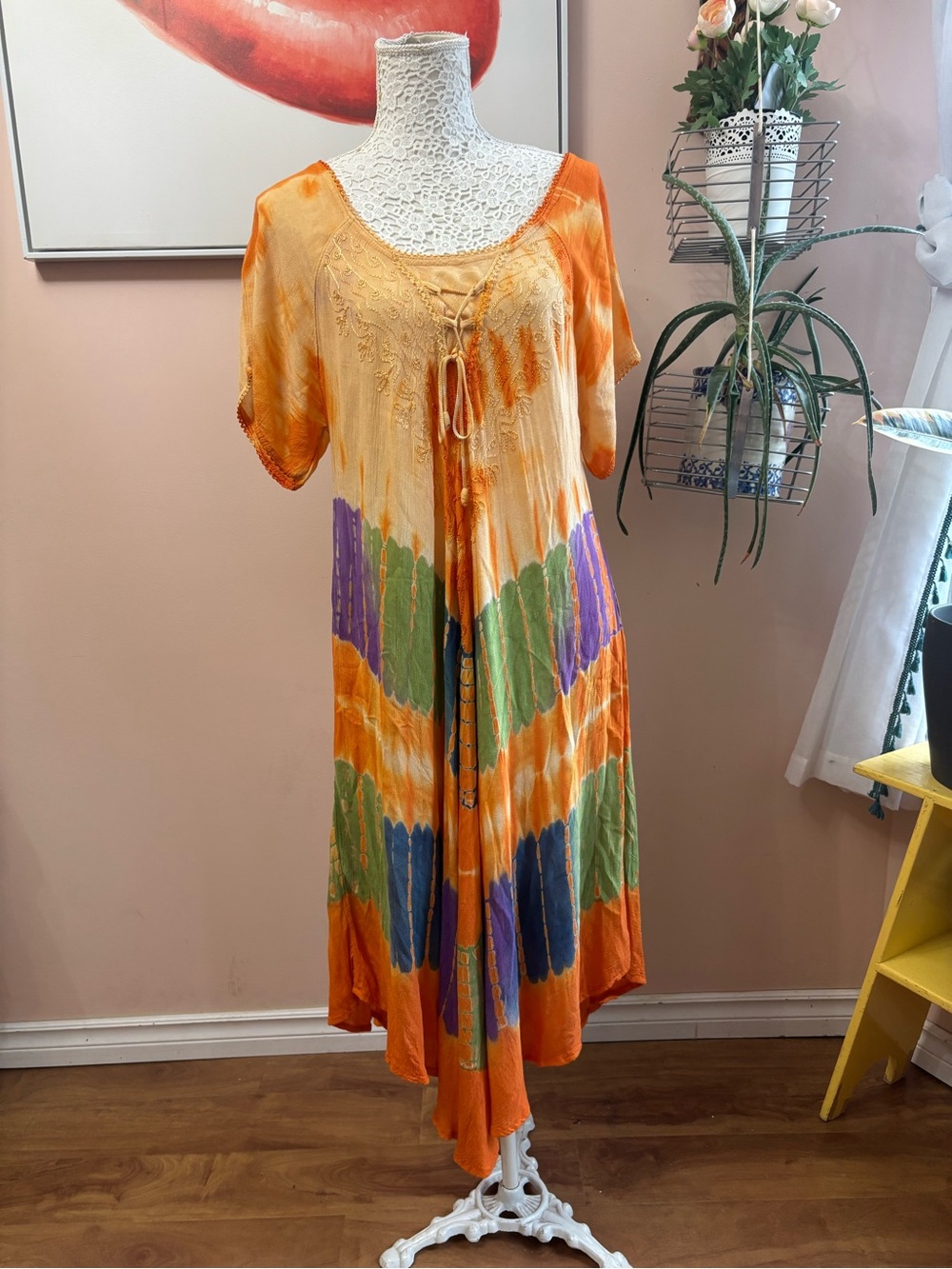 Vintage 90s Boho Orange & Multi Colour Tie-Dye Flowy Midi Dress
